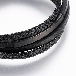 編組マイクロファイバー pu レザー コード マルチ 連 ブレスレット  304ステンレススチール製マグネット留め具付き  ガンメタ色  8-1/4インチ（21cm）  4~5mm&nbsp;BJEW-K206-H-01B