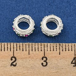 ラックメッキ真鍮マイクロパヴェカラフルなキュービックジルコニアヨーロピアンビーズ  大穴ビーズ  長持ちメッキ  鉛フリー＆カドミウムフリー  ロンデル  銀  7.8x4mm  穴：4mm&nbsp;KK-L215-016A-S