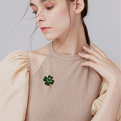 1Pc Clover Alloy Rhinestone Lapel Pins for Backpack Clothes&nbsp;JEWB-TADJ0001-07