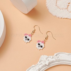 Glass Seed Braided Skull with Flower Dangle Earrings&nbsp;EJEW-MZ00023-02