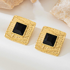 合金とアクリルのスタッドピアス  織り目加工の正方形  ゴールドカラー  ブラック  36x36mm&nbsp;FS-WG485A1-01
