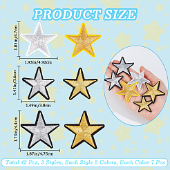 42個 6スタイル 星型コンピューター刺繍布 アイロン接着/縫い付けパッチ  マスクと衣装のアクセサリー  アップリケ  ミックスカラー  36~47x38~49x1.5~2mm  7個/スタイル&nbsp;FIND-CP0002-14