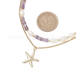 Natural Amethyst Heishi Beads and Rice Natural Pearl Beaded Double Layer 304 Stainless Steel Starfish Pendant Necklaces&nbsp;NJEW-JN05847-02