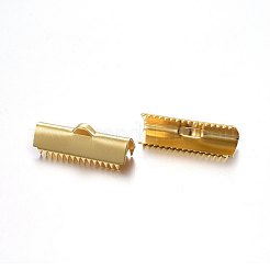 304ステンレススチールリボンカシメエンドパーツ  長方形  ゴールドカラー  9x25mm  穴：4.5x1.5mm  内径：24x7mm&nbsp;X-STAS-P210-35G