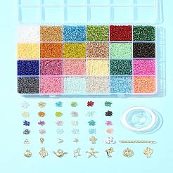 DIY 丸型ガラスシードビーズと合金チャームブレスレット作成キット  ミックスカラー  2~2.5x1.5~2mm  穴：0.8~1mm&nbsp;DIY-FS0007-19