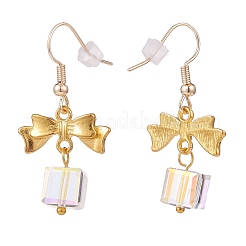 Alloy Bowknot with Clear Glass Cube Dangle Earrings&nbsp;EJEW-JE04958