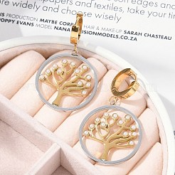 304ステンレススチールABSイミテーションパールフープピアス  ツリー  イオンプレーティング（ip）  ゴールドカラー  44x26mm&nbsp;EJEW-M070-07G