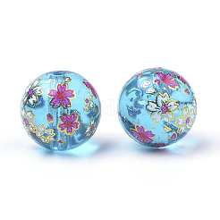 プリントガラスビーズ  花模様の丸  ドジャーブルー  11~12x11mm  穴：1.5mm&nbsp;GFB-Q001-12mm-E08