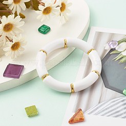 女の子の女性のために設定された分厚いカーブチューブビーズストレッチブレスレット  アクリル＆ccbプラスチックビーズブレスレット  ゴールドカラー  ホワイト  内径：2-1/8インチ（5.5cm）  3個/セット&nbsp;BJEW-JB06949