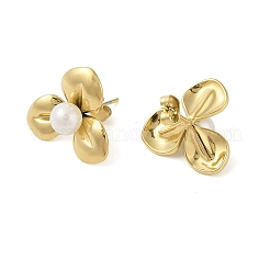 304ステンレススチールとプラスチックの模造真珠スタッドピアス（女性用）  花  ゴールドカラー  17.5x19mm&nbsp;EJEW-G396-01G
