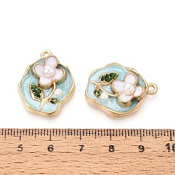 合金エナメルチャーム  ABSの模造パールと  花とオーバル  ラックめっき  長持ちメッキ  鉛フリー＆カドミウムフリー＆ニッケルフリー  ゴールドカラー  ライトシアン  23.5x19.5x7mm  穴：1.8mm&nbsp;ENAM-K076-11A-G