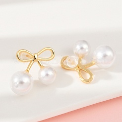 真鍮製スタンドピアス  ABSの模造パールと  長持ちメッキ  ニッケルフリー  蝶結び  18KGP本金メッキ  19x20mm&nbsp;EJEW-F376-01G