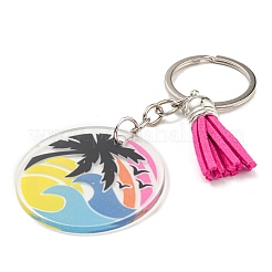 Acrylic Flat Round with Suede Tassel Pendant Keychain&nbsp;KEYC-G060-01E