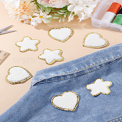 8個 2スタイル タオル布 コンピューター刺繍布 アイロン接着/縫い付けパッチ  バック接着剤とゴールデンエッジ付き  マスクと衣装のアクセサリー  アップリケ  スター＆ハート  ホワイト  50x50~52x2.5~3mm  4個/スタイル&nbsp;DIY-LP0001-19