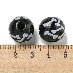 プリントウッドヨーロピアンビーズ  骨模様の丸い  ブラック  15.5~16mm  穴：4~4.5mm&nbsp;WOOD-G022-04D