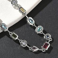 真鍮マイクロパヴェカラフルキュービックジルコニアリンクチェーンブレスレット  混合図形  ラックめっき  長持ちメッキ  カドミウムフリー＆鉛フリー  プラチナ  7-1/4インチ（18.5cm）&nbsp;BJEW-G764-04P