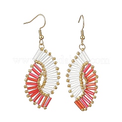 ガラスビーズを編み込んだドロップピアス  ティアドロップ  304ステンレススチールイヤリング金具付き  ゴールドカラー  レッド  59.5x21.5mm&nbsp;EJEW-MZ00746-03