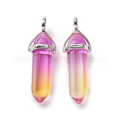 多面カット弾丸ガラスのポイントペンダント  プラチナメッキ真鍮パーツ  濃いピンク  38~39.5x12.5x10mm  穴：5x3mm&nbsp;KK-E282-01P-08