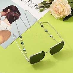 眼鏡チェーン  眼鏡用ネックストラップ  316サージカルステンレススチールアズキチェーン付き  アバロンシェルビーズ  淡水パールビーズ  304ステンレススチールのロブスタークロウ留め具とゴムループエンド  オーバル  ステンレス鋼色  28.54インチ（72.5cm）&nbsp;AJEW-EH00259-01