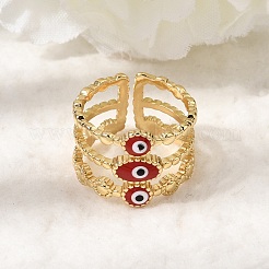 Brass Enamel Evil Eye Open Cuff Rings for Women&nbsp;RJEW-L339-01G-01