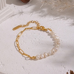 Natural Freshwater Pearl Beaded and 304 Stainless Steel Paperclip Chain Bracelets for Women, White, Real 18K Gold Plated, 6-3/4 inch(17cm)