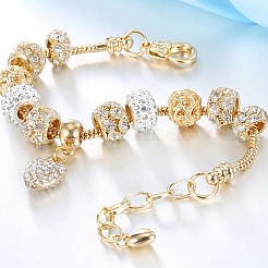 ハート合金とクリスタルラインストーンチャームブレスレット  スネークチェーンブレスレット  合金製ヨーロッパ製大穴ビーズ付き  ゴールドカラー  7-1/8~8-5/8インチ（18~22cm）&nbsp;FS-WG8E942-01