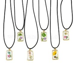 Transparent Resin Rectangle with Dried Flower Inner Pendant Black Waxed Cord Necklaces&nbsp;NJEW-JN06333