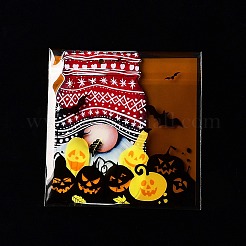 ハロウィンテーマのプラスチック耐熱皿バッグ  粘着式  チョコレート用  キャンディ  クッキー  カボチャとコウモリと猫の広場  オレンジ  130x100x0.05mm  内径：100x100mm  2スタイル  50個/スタイル  100個/袋&nbsp;ABAG-F007-01C