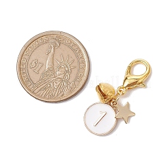 フラットラウンド、ナンバー0~9の合金エナメルペンダント装飾  亜鉛合金カニカン付き  ホワイト  33mm  10個/セット&nbsp;HJEW-JM02357