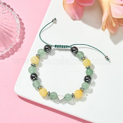 Natural Green Aventurine & Topaz Jade & Brass Heart Braided Bead Bracelet&nbsp;BJEW-JB09703-02