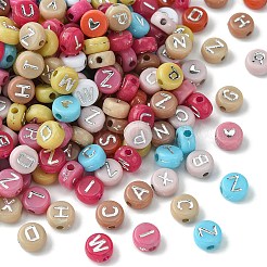 不透明なアクリルビーズ  ライン入り  フラットラウンド、ランダムな文字/ハート付き  ミックスカラー  6.5~7x7x3~4mm  穴：1.6~1.8mm  300個/袋&nbsp;MACR-YW0002-65
