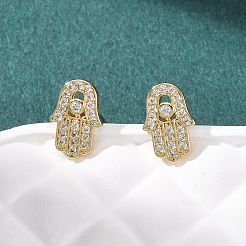 Hamsa Hand Brass Micro Pave Clear Cubic Zirconia Stud Earrings&nbsp;EJEW-H178-07G