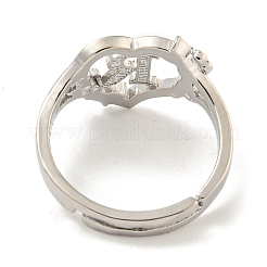 Heart with Letter & Flower Rack Plating Brass Adjustable Rings for Women&nbsp;RJEW-I105-05P-R