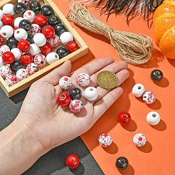 ハロウィンテーマのプリント天然木製ビーズ  ジュートコード付き  ミックスカラー  15.5~16x14.5~15mm  穴：3~7mm  66個/セット&nbsp;WOOD-YW0001-22