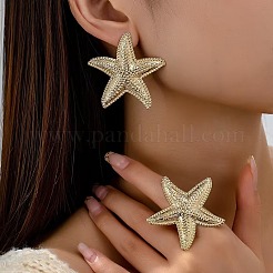 女性用アイアンヒトデスタッドピアス＆カフリングセット  ゴールドカラー  内径：17mm&nbsp;RB5534-4