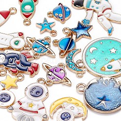 20個14スタイルライトゴールドアロイエナメルペンダント  宇宙のテーマ  フラットラウンド＆プラネット＆スター＆ムーン＆スペースマン＆ロケット＆宇宙飛行士  ミックスカラー  20個/セット&nbsp;ENAM-YW0001-74