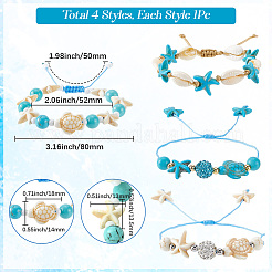 4Pcs 4 Style Turtle & Starfish & Round Synthetic Green Turquoise Braided Beaded Bracelets Sets&nbsp;BJEW-SC0001-43