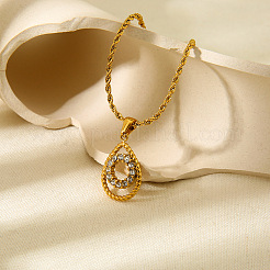 304 Stainless Steel Micro Pave Clear Cubic Zirconia Teardrop with Ring Pendant Necklaces for Women&nbsp;WGE593C-01
