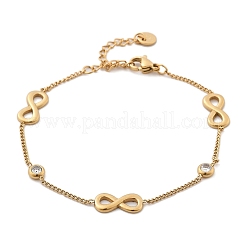 304ステンレススチールカーブチェーンブレスレット  クリアキュービックジルコニア  18KGP本金メッキ  無限大  9-1/8インチ（23cm）&nbsp;BJEW-C089-04A-G