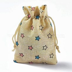 黄麻布ラッピングポーチ巾着袋  長方形  淡いチソウ  スター  13.5~14x10x0.35cm&nbsp;ABAG-L016-A05