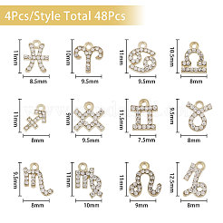 48個、12つのスタイル、12つの星座の合金ラインストーンペンダント  丸カン付き  ライトゴールド  9~12.5x7.5~10x2mm  穴：1~1.5mm  4個/スタイル&nbsp;FIND-GL0001-49