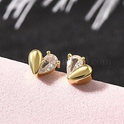 Heart Brass Micro Pave Clear Cubic Zirconia Stud Earrings&nbsp;EJEW-R018-07G