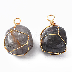 天然クラウディクォーツペンダント  金メッキ真鍮線を巻いたもの  ナゲット  14~25x15~32x13~21mm  穴：4mm&nbsp;G-N332-50-06