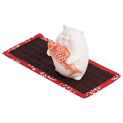 猫と魚の香炉  香立て  ホームオフィス茶屋禅仏教用品  竹編みマット付き  ホワイト  70x63x82mm&nbsp;PW-WG051BB-01