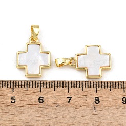 ラックメッキ真鍮天然パウア貝ペンダント  クロス  ゴールドカラー  15.5x12.5x3mm  穴：5mm&nbsp;KK-U025-03G-01-1