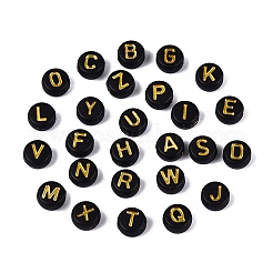 不透明なアクリルビーズ  アルファベット付きフラットラウンド  ゴールドライン入り  ブラック  ゴールド  6.5~7x3.5~4mm  穴：1.5~1.6mm  約3846個/500g&nbsp;SACR-Q001-04B-M