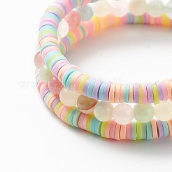 3Pcs 3 Style Natural Colorful Green Jade & Acrylic Word Love Beaded Stretch Bracelets Set with Alloy Enamel Heart Charms&nbsp;BJEW-JB08924-01