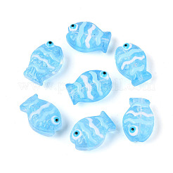 透明なガラスとエナメルのビーズ連売り  手描きのビーズ  魚  ライトスカイブルー  14.5x10~10.5x6~7.5mm  穴：0.6~0.9mm  約35個/連  24.41~25''（62~63.5センチメートル）&nbsp;GLAA-T034-01E