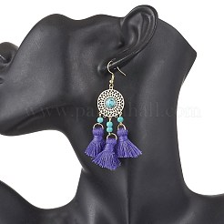 Flat Round 304 Stainless Steel Polycotton Tassel Chandelier Earrings&nbsp;EJEW-JE06452-03