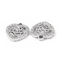 合金ラインストーンチャーム  プラチナトーンのハートと花  クリスタル  15x13.5x2.5mm  穴：1.6mm&nbsp;ALRI-C008-06P